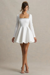 Astonish | White Long-Sleeve Embellished Square-Neck Mini Dress With Volume Skirt