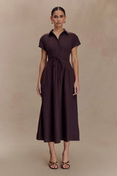 Aysha Buttoned Linen Midi Dress - Chocolate