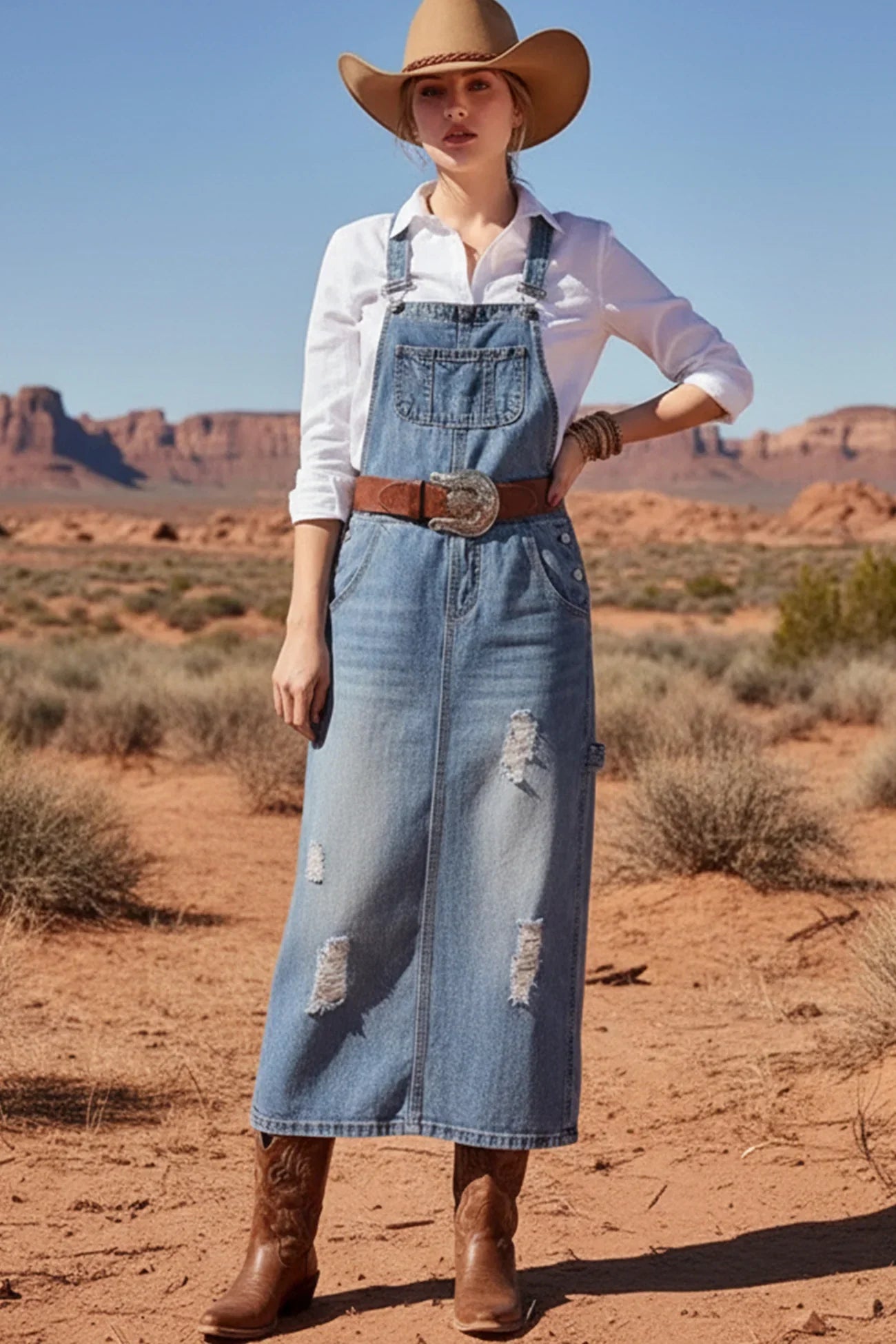 Distress Denim Overall Dress